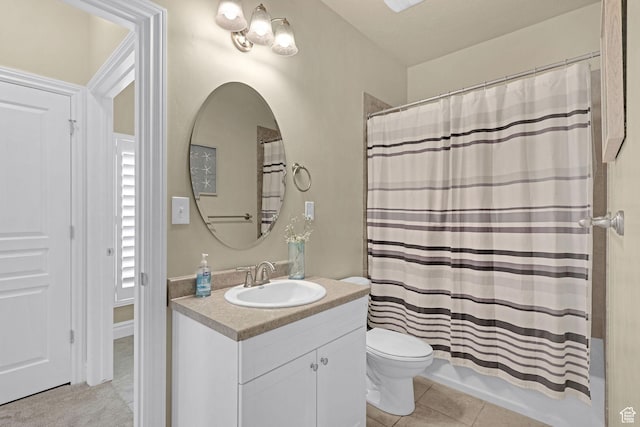 full bath with vanity, tile patterned flooring, shower / bath combination with curtain, and toilet