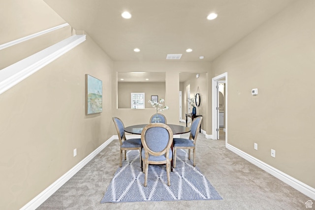 dining space featuring baseboards, carpet, recessed lighting, and visible vents