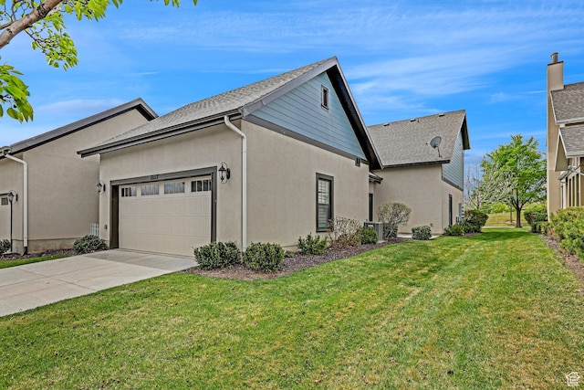 view of side of property featuring central air condition unit, an attached garage, stucco siding, concrete driveway, and a lawn