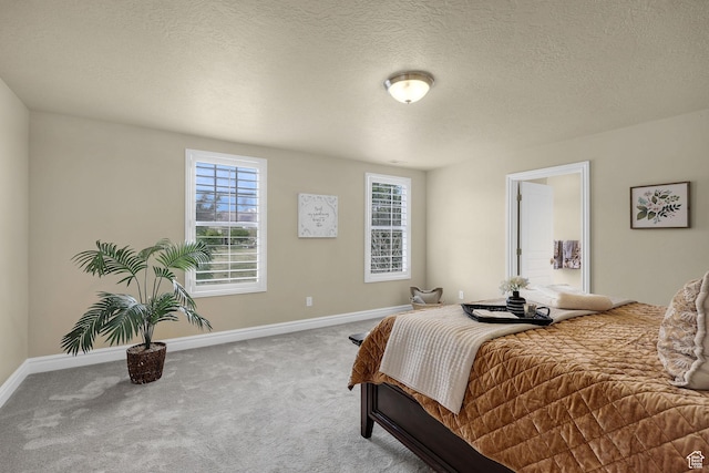 bedroom with baseboards, a textured ceiling, and carpet floors