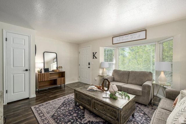 living area featuring plenty of natural light, baseboards, a textured ceiling, and wood finished floors