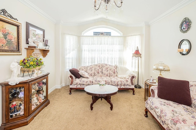 2983 W 2600 N, Plain City, UT 84404 - sitting room with carpet flooring, crown molding, a chandelier, and baseboards