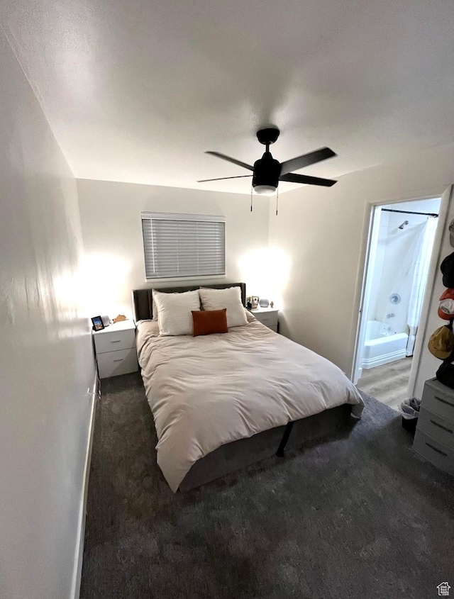 carpeted bedroom with baseboards and a ceiling fan