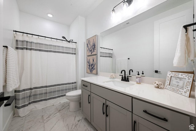 733 W Juniper Hill Dr, St George, UT 84790 - bathroom with vanity, toilet, a shower with shower curtain, marble finish floor, and recessed lighting