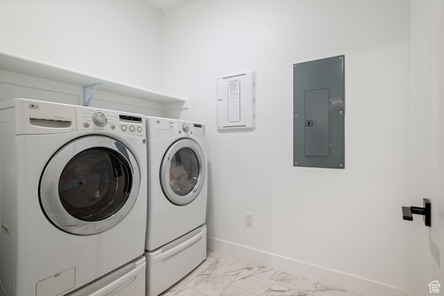 733 W Juniper Hill Dr, St George, UT 84790 - laundry room with laundry area, marble finish floor, washer and dryer, baseboards, and electric panel