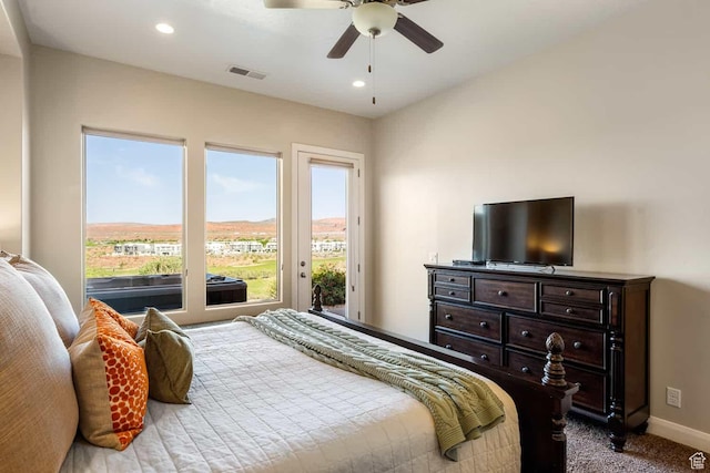 carpeted bedroom with visible vents, access to exterior, baseboards, ceiling fan, and recessed lighting