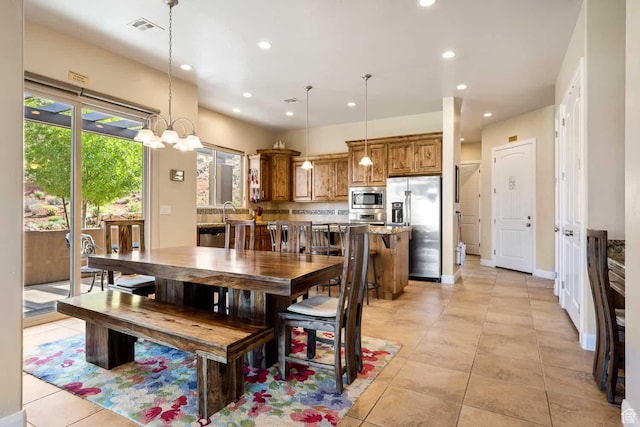 dining space featuring visible vents, recessed lighting, and light tile patterned floors