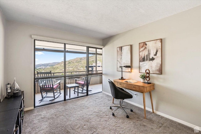 carpeted home office with a textured ceiling, baseboards, and a mountain view