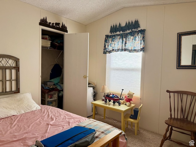 3149 S Prairie Dog Way, Garden City, UT 84028 - bedroom featuring a textured ceiling, carpet, lofted ceiling, and a closet