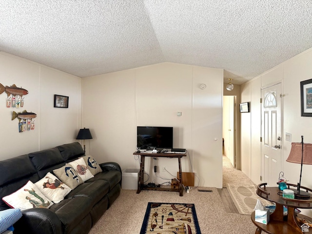 3149 S Prairie Dog Way, Garden City, UT 84028 - living room with carpet flooring, a textured ceiling, and lofted ceiling