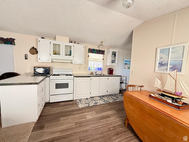 3149 S Prairie Dog Way, Garden City, UT 84028 - kitchen with dark wood-style flooring, black microwave, a peninsula, white cabinetry, and white range with gas cooktop