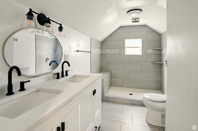 868 Washington Blvd, Ogden, UT 84404 - bathroom with a sink, toilet, tiled shower, and lofted ceiling
