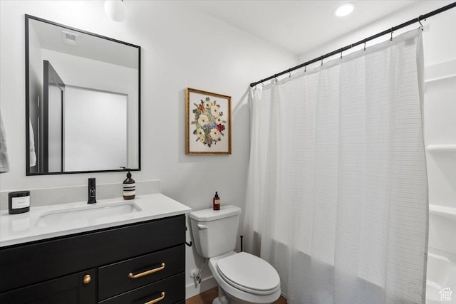 bathroom featuring recessed lighting, vanity, toilet, and shower / bath combination with curtain