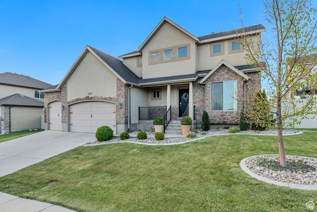 8983 N Barton Creek Dr, Eagle Mountain, UT 84005 - craftsman-style house with a garage, stucco siding, stone siding, and concrete driveway