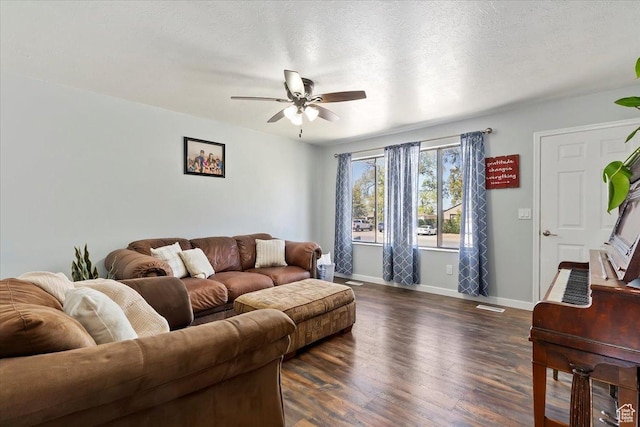 320 E Clark St, Grantsville, UT 84029 - living room featuring a ceiling fan, a textured ceiling, visible vents, baseboards, and dark wood-style floors