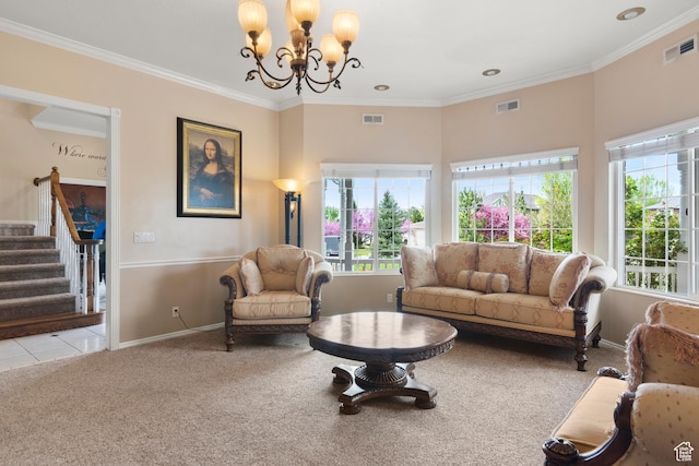 living area featuring baseboards, visible vents, an inviting chandelier, and carpet