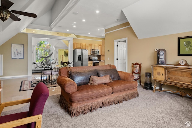 living area featuring ceiling fan, baseboards, ornamental molding, light carpet, and recessed lighting