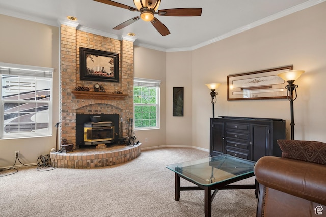 carpeted living area with baseboards, a wood stove, ceiling fan, and ornamental molding