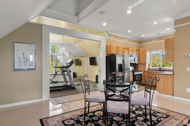 dining space with crown molding, recessed lighting, baseboards, and light tile patterned floors