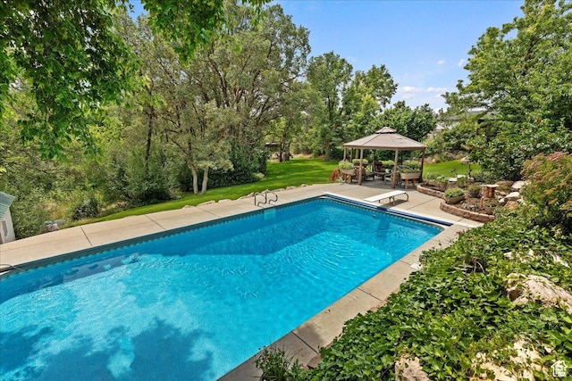 pool featuring a lawn, a patio, a gazebo, and a diving board