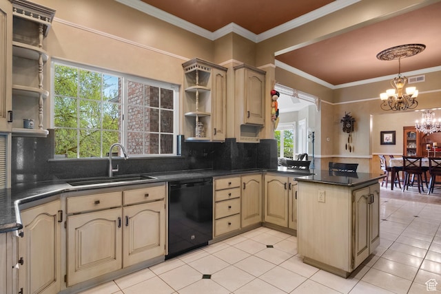 kitchen featuring open shelves, a sink, dishwasher, a chandelier, and a peninsula
