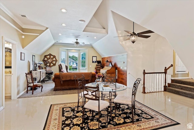 dining area featuring crown molding, a ceiling fan, visible vents, and recessed lighting