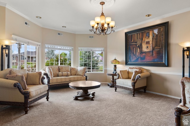 living area featuring carpet floors, a chandelier, visible vents, and a wealth of natural light