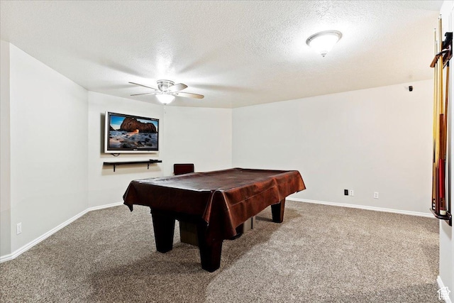 playroom with ceiling fan, a textured ceiling, pool table, carpet floors, and baseboards