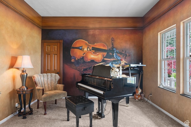 living area featuring carpet floors, baseboards, and a wealth of natural light