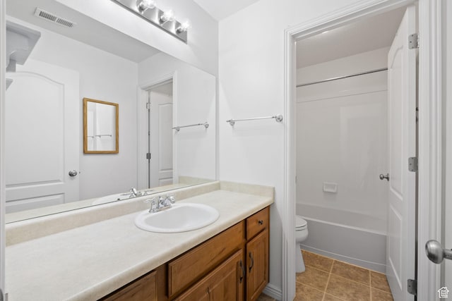 full bathroom with vanity, toilet, shower / tub combination, and visible vents