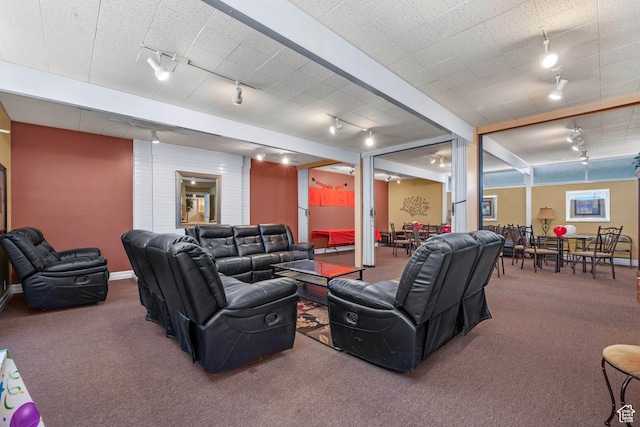interior space with track lighting, baseboards, and carpet flooring