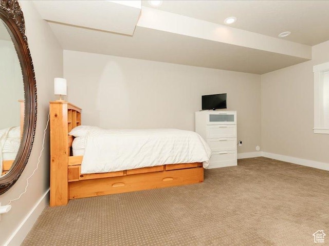 bedroom with carpet floors, recessed lighting, and baseboards