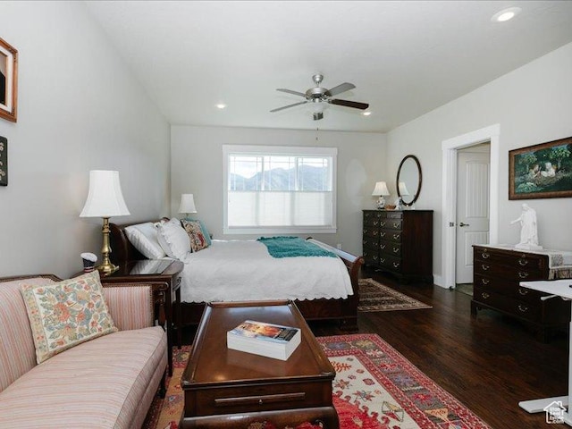 bedroom featuring recessed lighting, baseboards, a ceiling fan, and dark wood finished floors