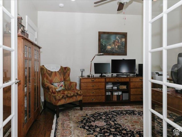 home office featuring french doors, a ceiling fan, and wood finished floors