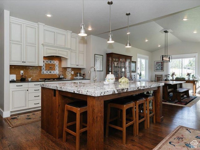 kitchen featuring backsplash, light stone countertops, a sink, and dark wood-type flooring