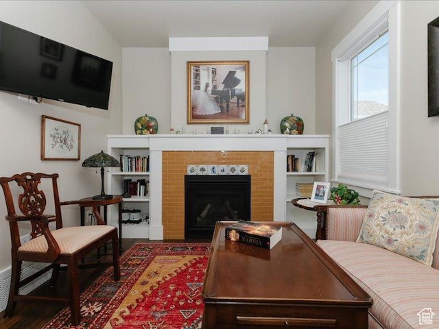 living area with wood finished floors, radiator heating unit, and a fireplace