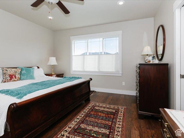 bedroom with a ceiling fan, baseboards, recessed lighting, and dark wood-style floors