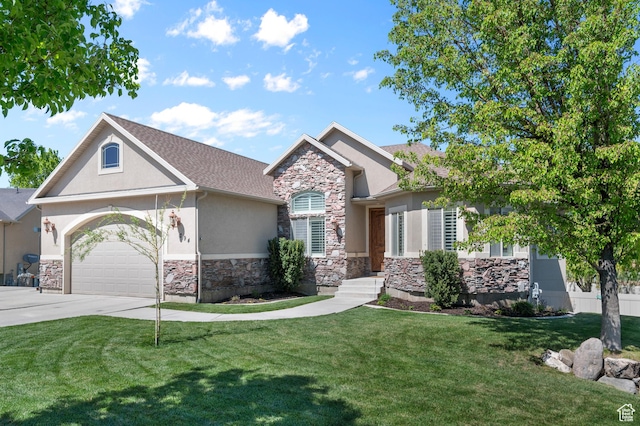 294 W Farmside Dr S, Saratoga Springs, UT 84045 - craftsman inspired home featuring stone siding, stucco siding, concrete driveway, a front lawn, and a garage
