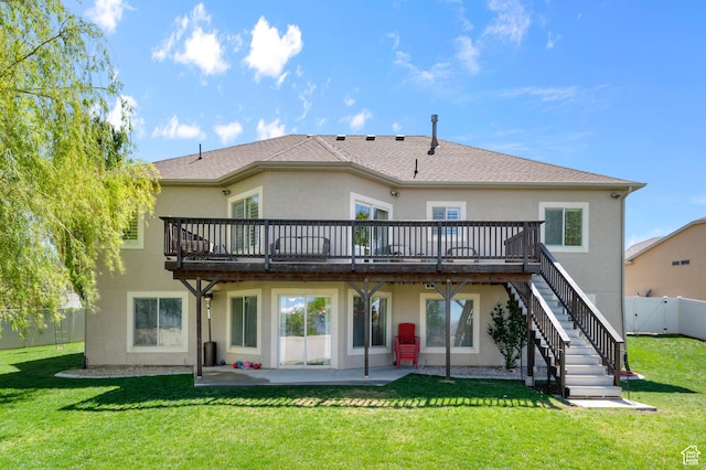 294 W Farmside Dr S, Saratoga Springs, UT 84045 - rear view of house with stucco siding, a deck, a patio, and stairway