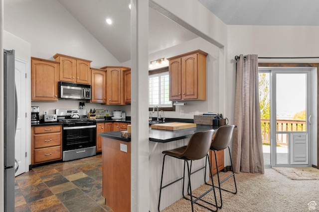 294 W Farmside Dr S, Saratoga Springs, UT 84045 - kitchen with appliances with stainless steel finishes, a breakfast bar area, dark countertops, vaulted ceiling, and a peninsula