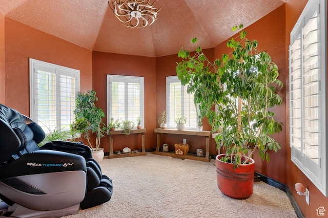 294 W Farmside Dr S, Saratoga Springs, UT 84045 - sitting room featuring carpet floors, a chandelier, a textured ceiling, and vaulted ceiling