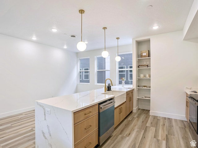 kitchen with a sink, light brown cabinets, dishwasher, a peninsula, and light wood-type flooring