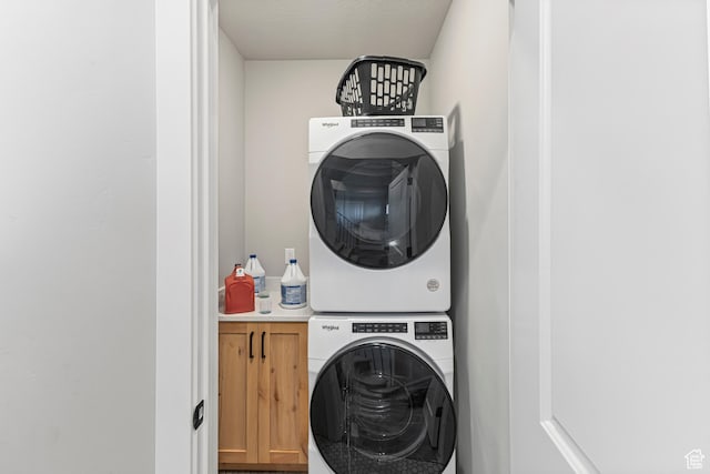 3467 S Porcupine Cir, Garden City, UT 84028 - laundry area with cabinet space and stacked washer and dryer