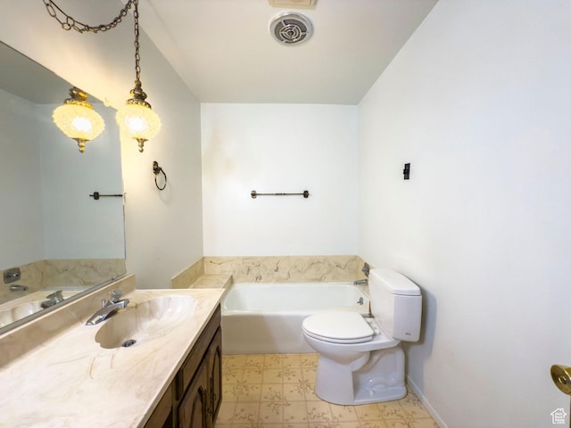 full bath featuring a bath, visible vents, tile patterned floors, vanity, and toilet
