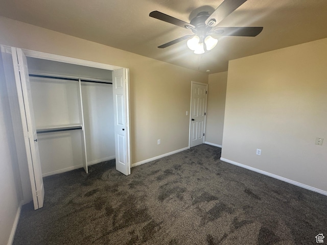 819 E 725 N, Ogden, UT 84404 - unfurnished bedroom featuring dark colored carpet, baseboards, ceiling fan, and a closet