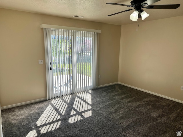 819 E 725 N, Ogden, UT 84404 - unfurnished room with visible vents, a ceiling fan, a textured ceiling, and dark carpet