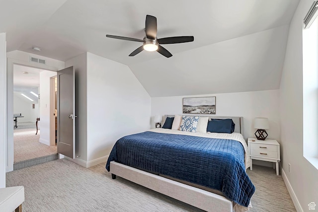 6433 N Glenmar Way, Eagle Mountain, UT 84005 - carpeted bedroom featuring a ceiling fan, baseboards, vaulted ceiling, and visible vents