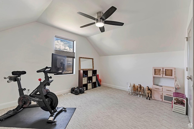 6433 N Glenmar Way, Eagle Mountain, UT 84005 - workout room with carpet floors, a ceiling fan, baseboards, and lofted ceiling