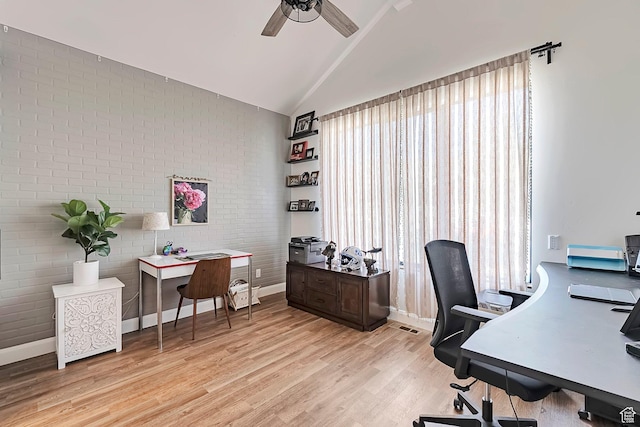 6433 N Glenmar Way, Eagle Mountain, UT 84005 - office space with a ceiling fan, brick wall, visible vents, baseboards, and light wood-style flooring