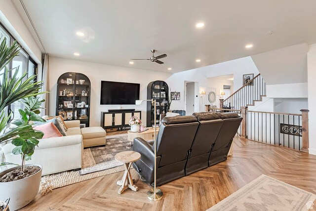 6433 N Glenmar Way, Eagle Mountain, UT 84005 - living room featuring stairs, a ceiling fan, and recessed lighting